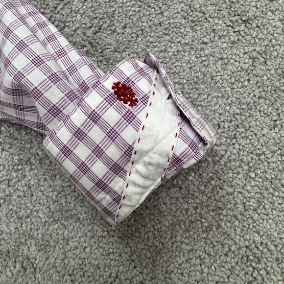 Robert Graham Button Down Shirt Men 16 Large Purple White Check Cotton Flip Cuff - Picture 6 of 16
